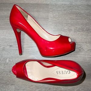 Guess Peep Toe Red Patent Leather Stiletto Heels Size 7.5